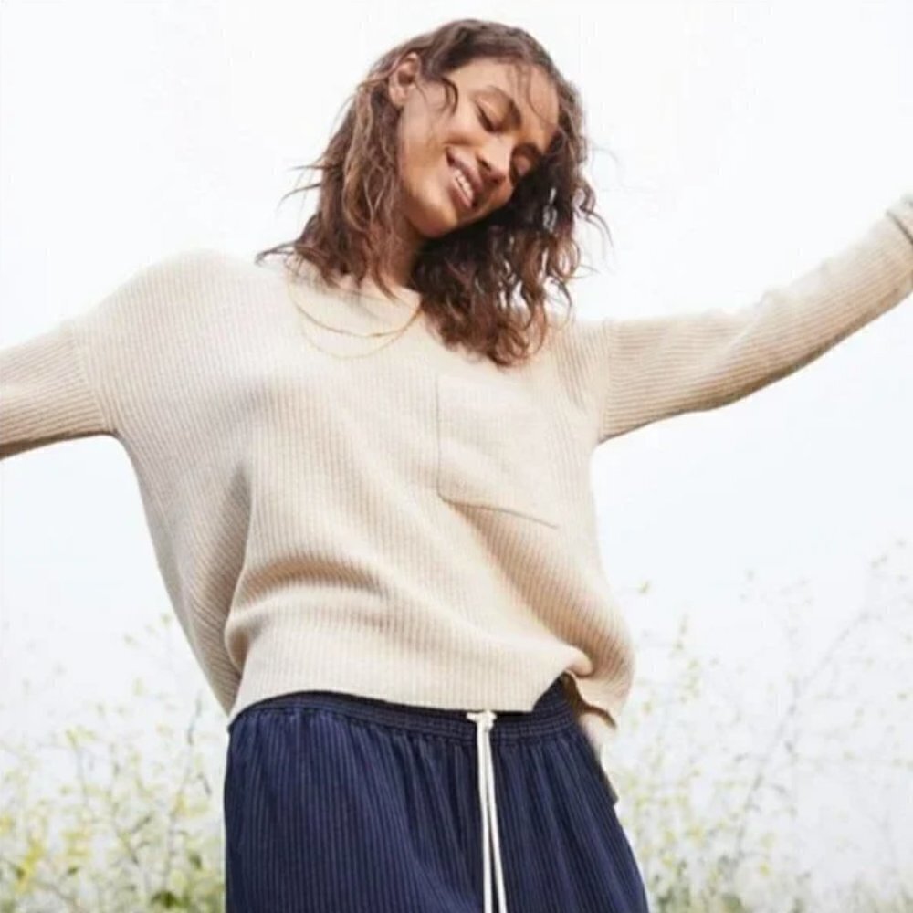 Madewell Thompson Pocket Beige Pullover Scoop Neck Sweater M‎